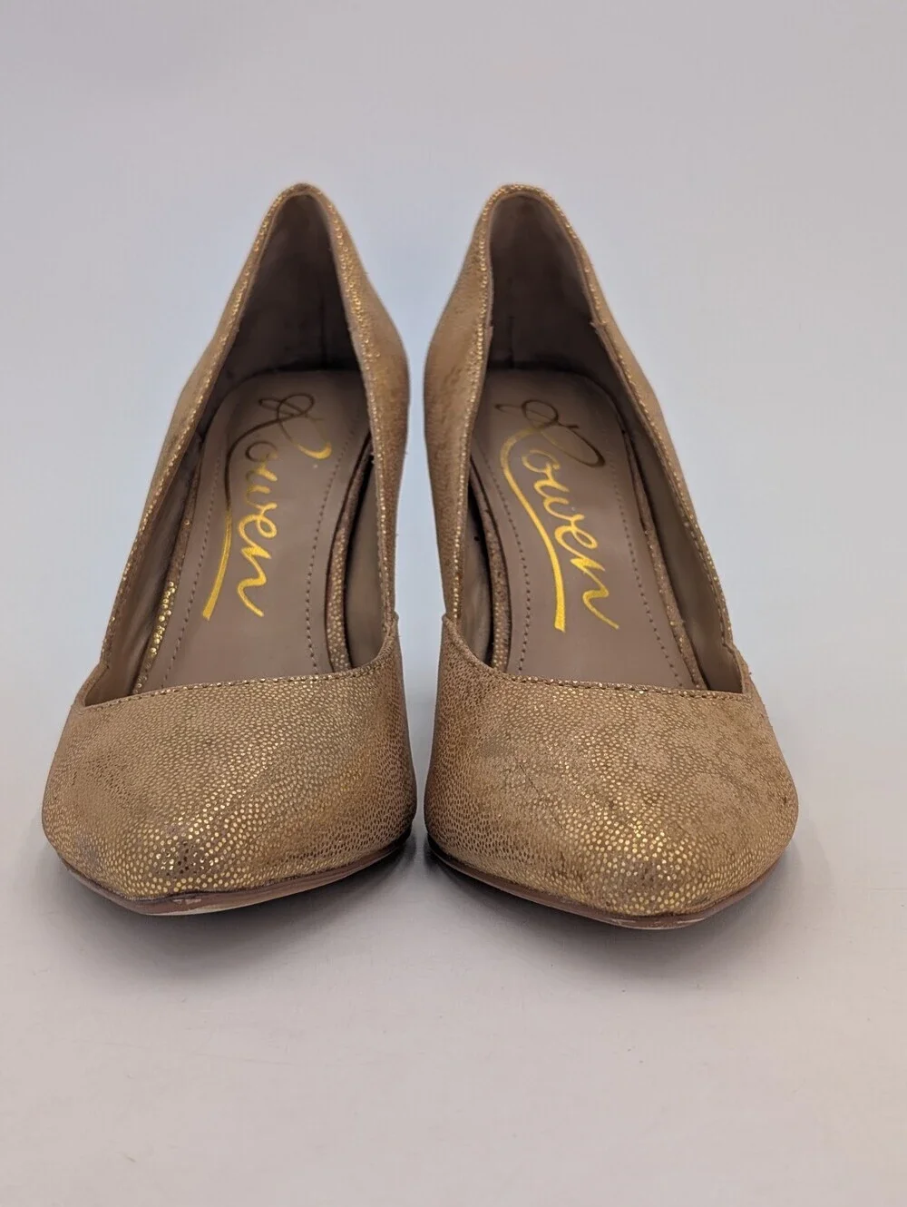 Rowen Gold Sz 7.5M Antique Gold Metallic Mico-Dot Leather Pointed-Toe Heel Pump
